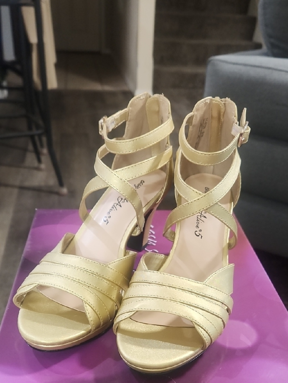 Metallic Gold Strappy Women's Heeled Sandals with Crisscross Ankle, Gold Satin.
